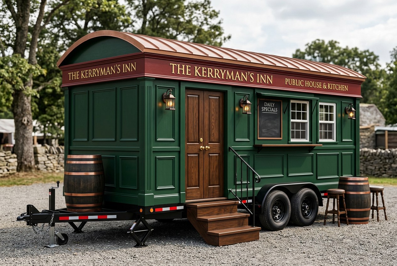 A green public-house unit lettered in gold on a barrel roof, whiskey barrels and stools set out on the gravel beside it