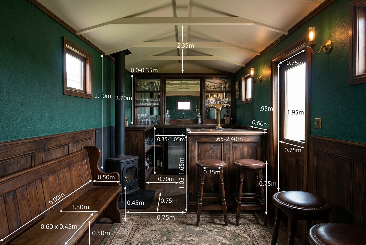 Inside the bar fitted out as a Victorian public house: dark green walls, a panelled back bar of glasses and bottles, a wood stove and a pew along one wall, with dimensions marked