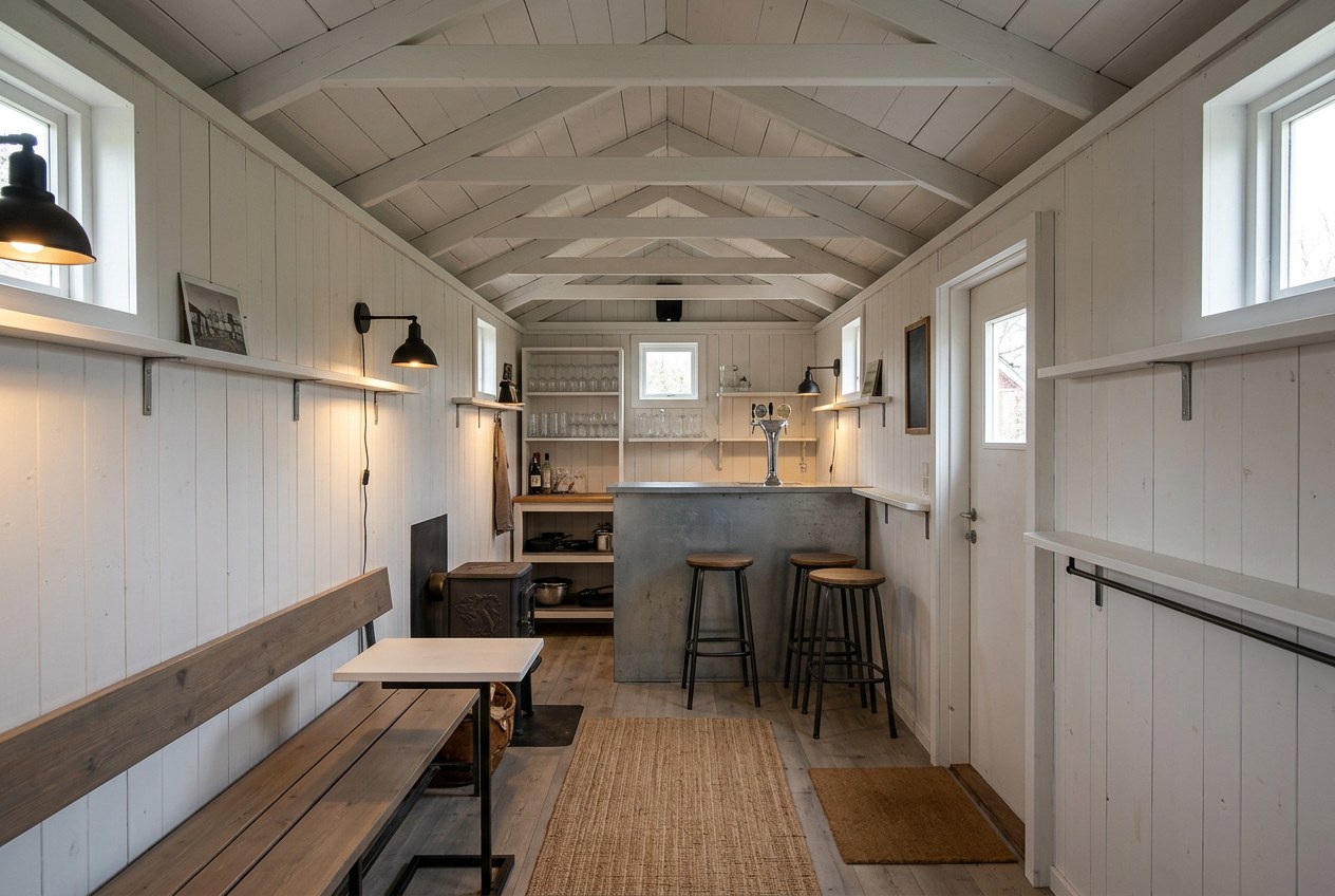 The same shell fitted out in white boarding: a zinc bar with two stools, a bench and table down one wall and a small wood stove