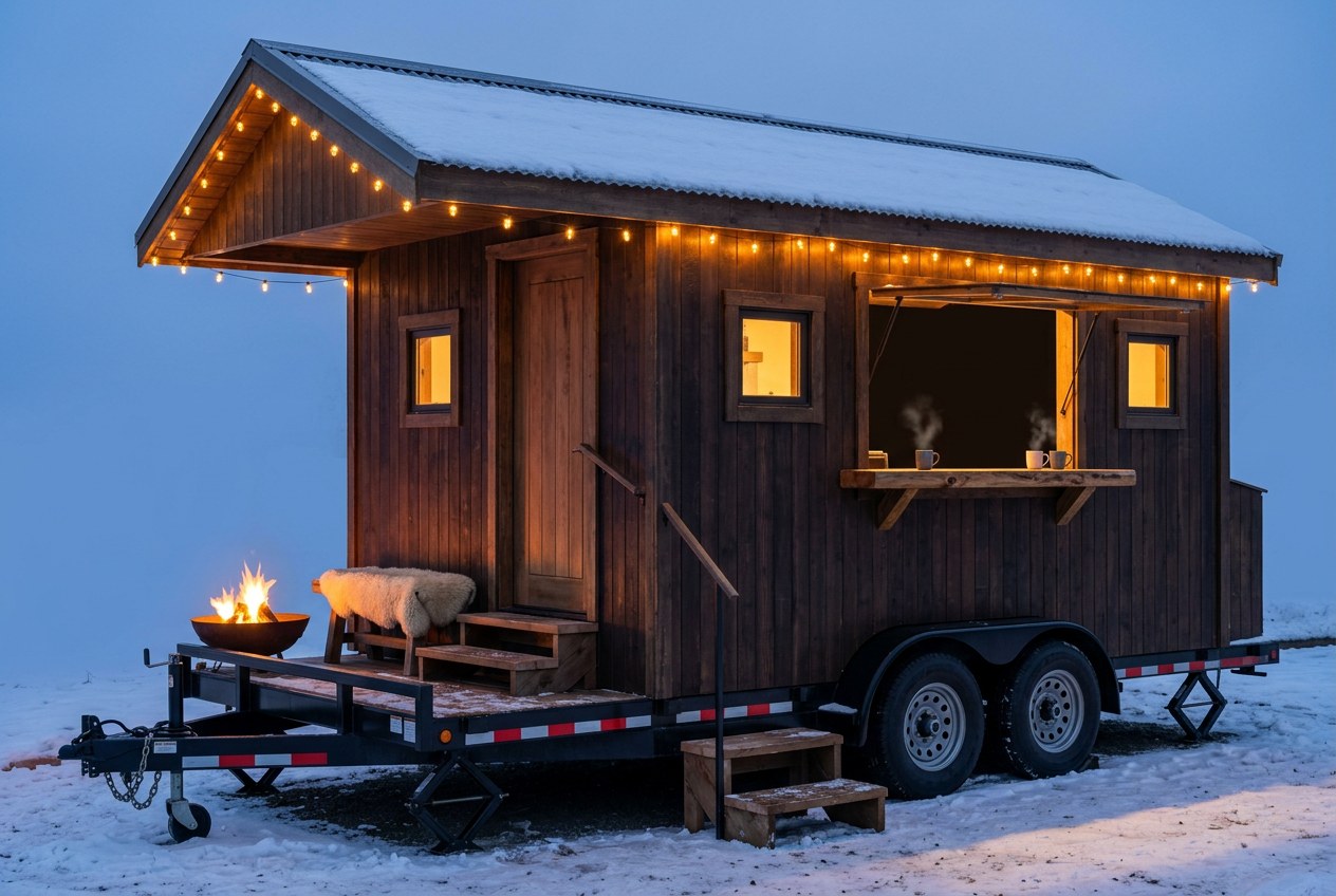 A dark timber coffee unit standing on snow at dusk, string lights along the eaves, a fire bowl and a sheepskin bench beside the steps