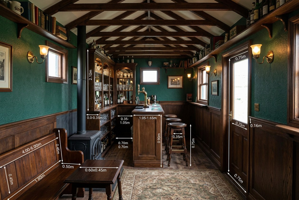 The public-house counter seen along its length, tall stools at the front and the fitted back bar behind, with dimensions marked