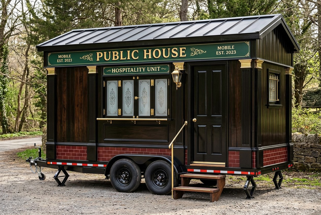 A black and green Victorian bar unit with etched glass, brass fittings and a brick skirt, standing on a lane