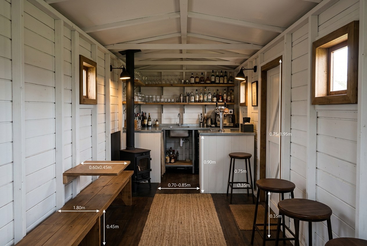 The white fit-out with its dimensions marked: bar and stool heights, bench and table sizes, and the width of the working aisle