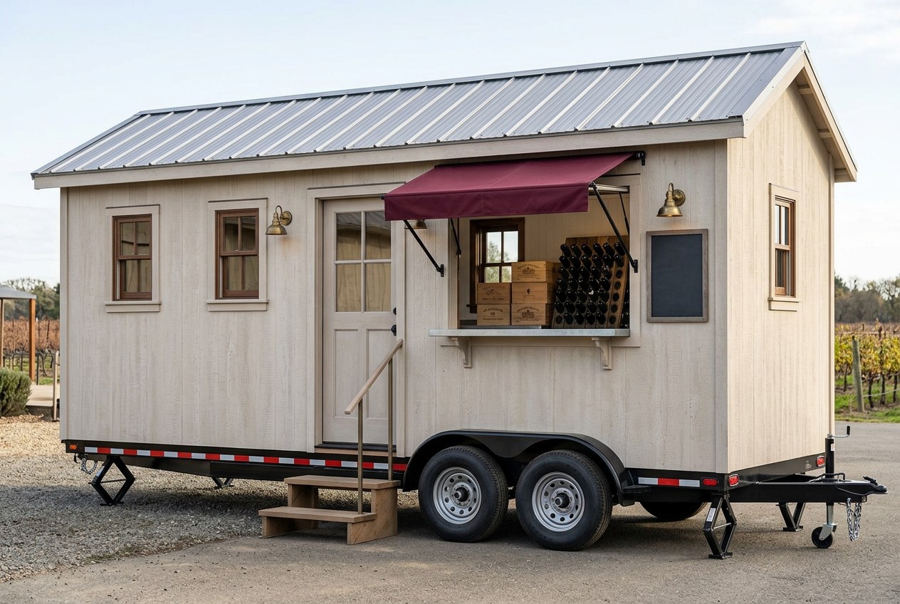 A pale wine bar unit with a burgundy awning over the serving hatch, cases and a bottle rack behind the counter, vines behind it
