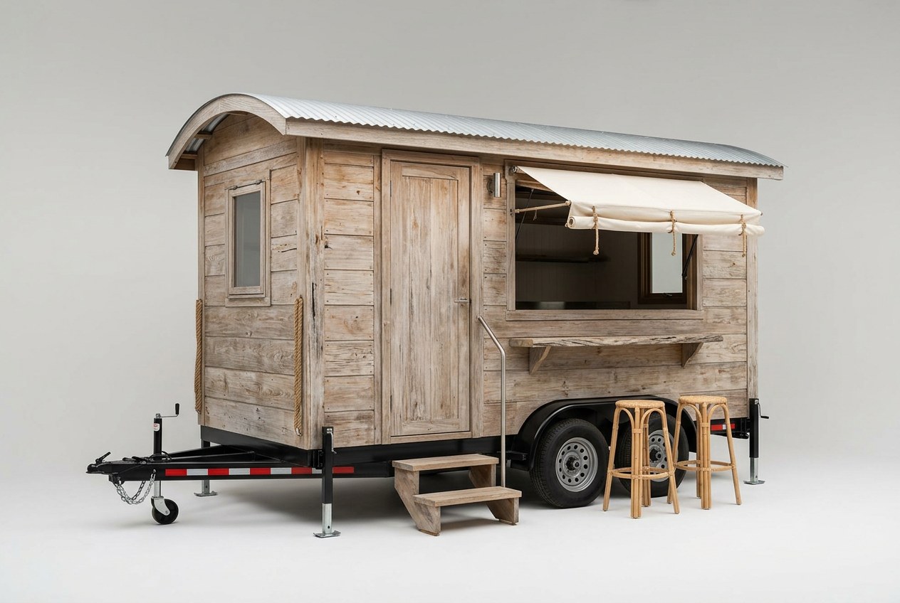 A weathered timber coffee unit under a curved roof, canvas awning rolled out over the hatch and two rattan stools at the counter