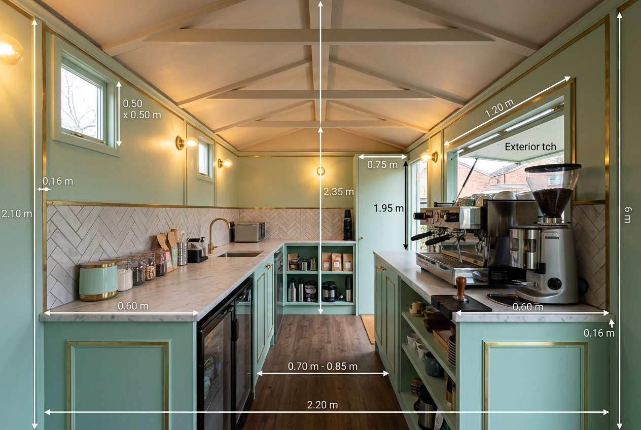 Inside the coffee unit in mint green and brass: counters down both sides, a herringbone splashback and the espresso machine at the open hatch, with dimensions marked