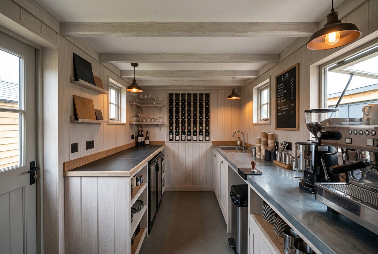 The pale oak fit-out seen from the door: zinc counters down both sides, cups and a grinder to the right and a wine rack filling the end wall