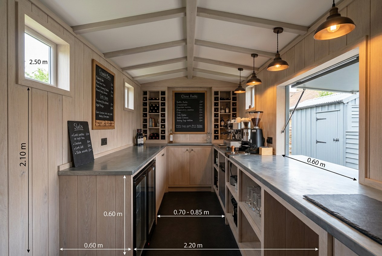The coffee unit fitted out in pale oak and zinc: wine racks at the far end, a chalkboard menu and the espresso machine at the hatch, with dimensions marked