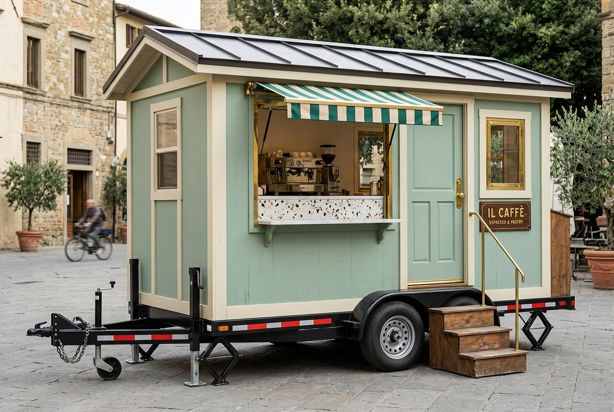 The coffee unit in mint green and cream under a striped awning, standing on a stone piazza with the hatch open and the machine visible inside