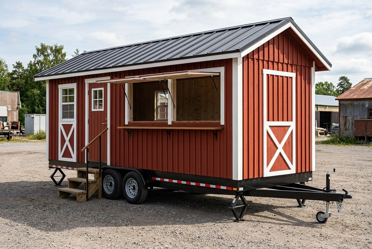 A red barn-boarded unit with the serving hatch propped open and a timber counter run along the side