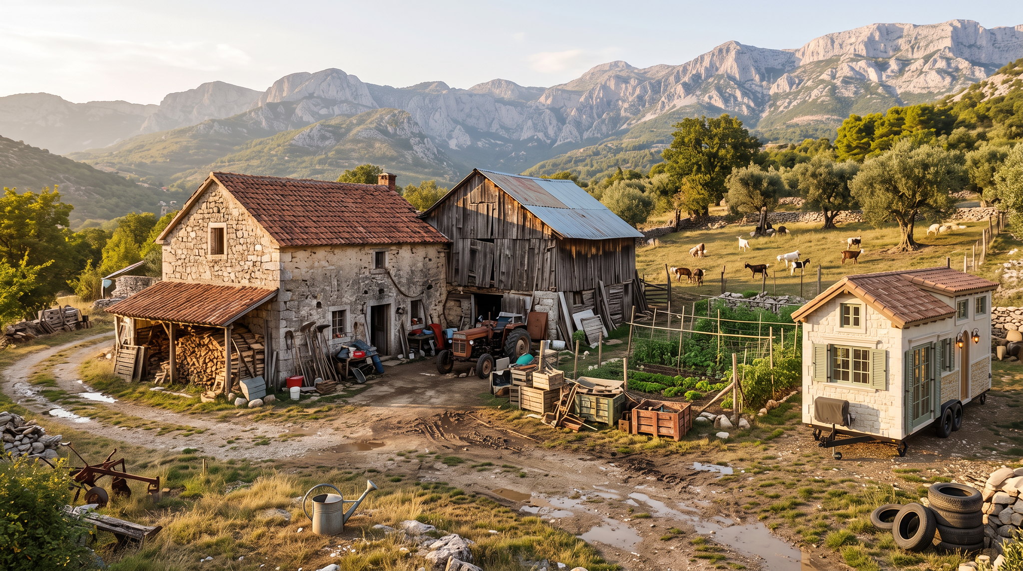 A residence standing at the edge of a working farmyard: stone house, timber barn, tractor, vegetable beds and grazing goats