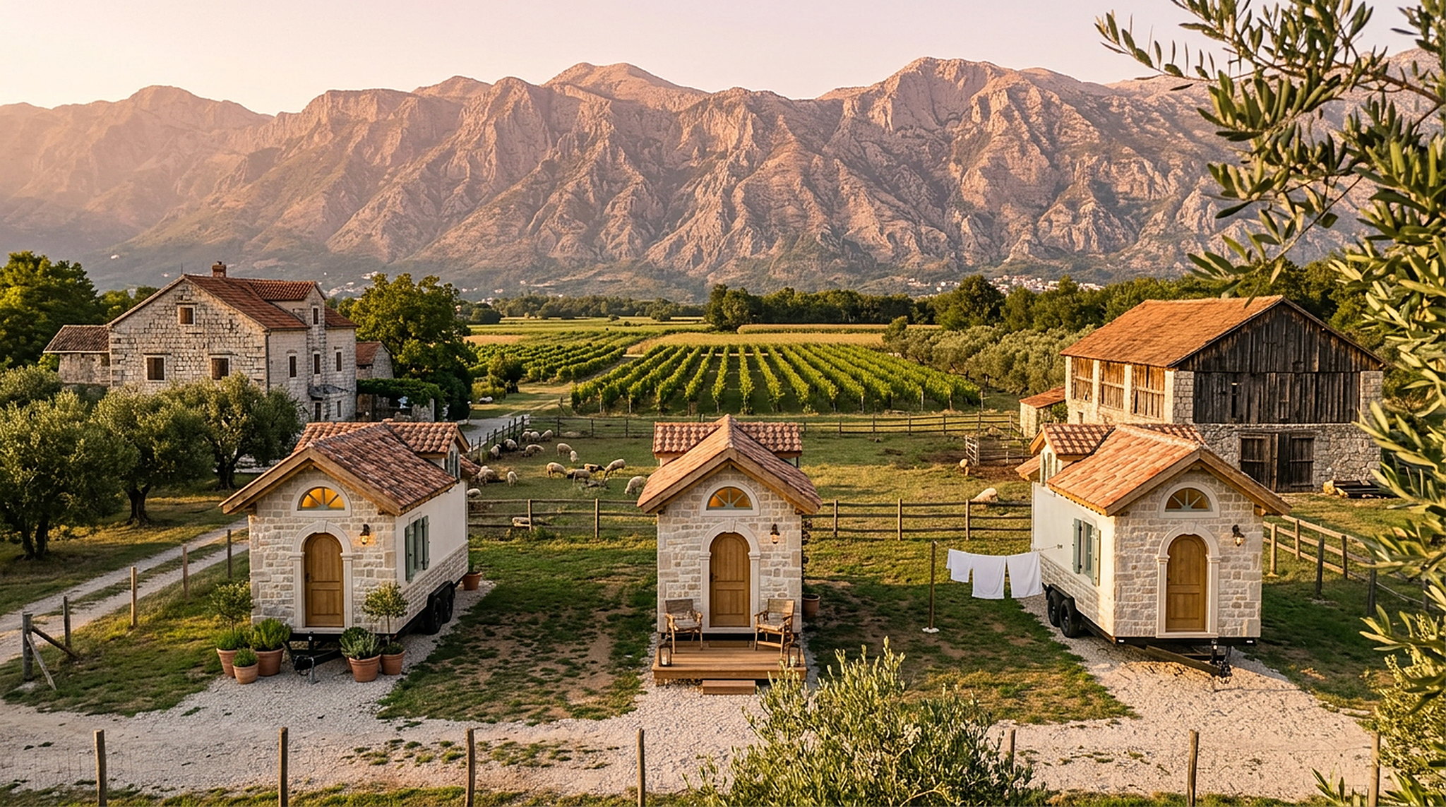 Three residences standing on a working farm in Montenegro, vineyard and olive terraces below a limestone massif