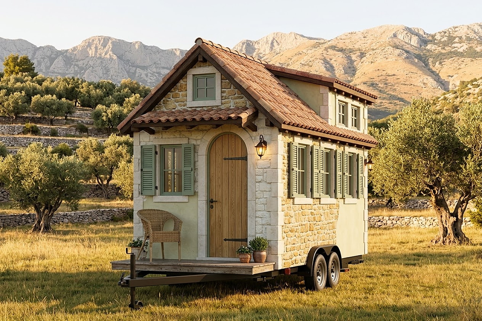 Residence 21ft from the front, arched oak door and a timber deck over the trailer bed