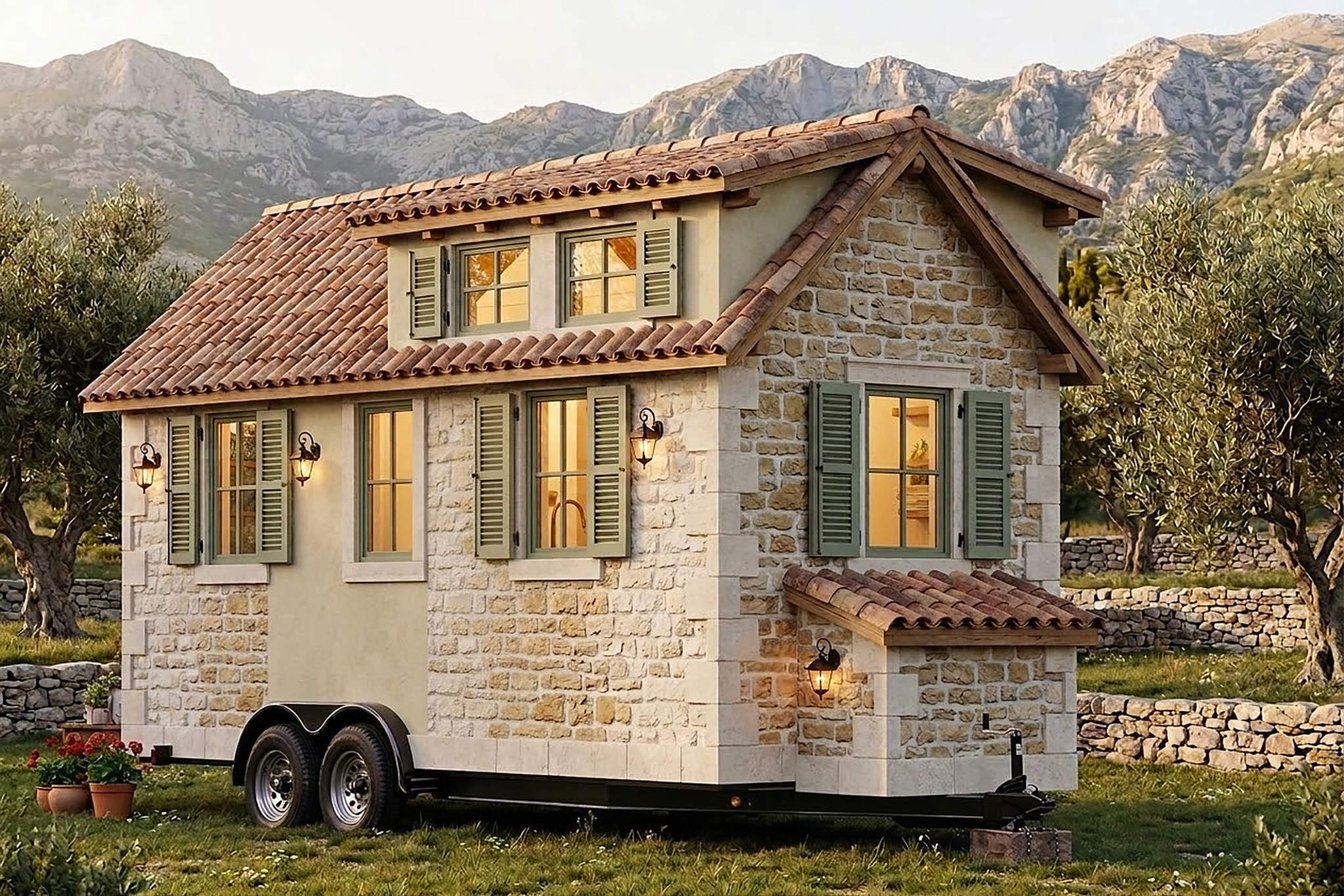 Residence 21ft from the gable end at dusk, stone cladding and lit windows