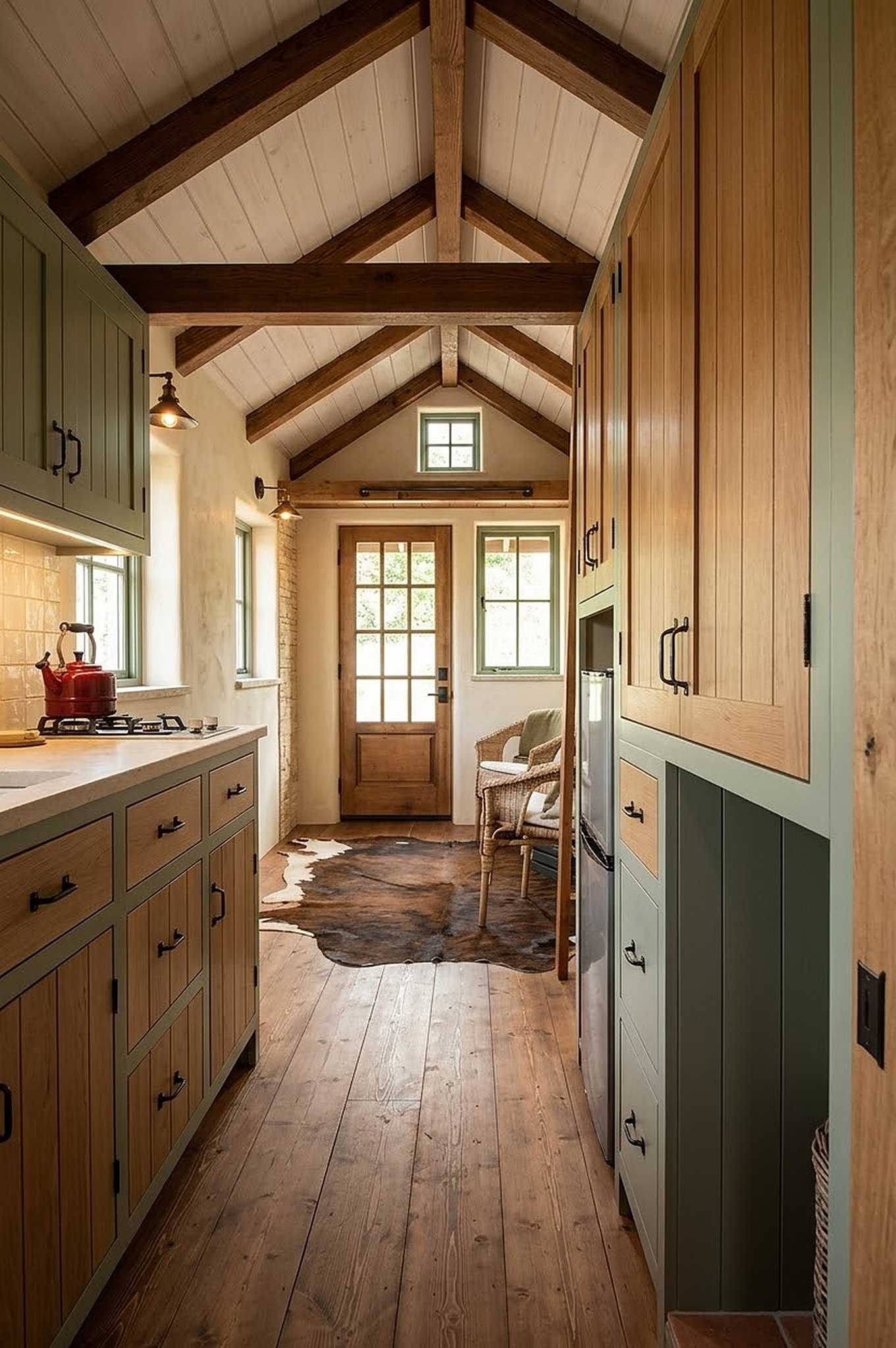 The galley kitchen in Residence 21ft, sage cabinetry under a beamed vaulted ceiling