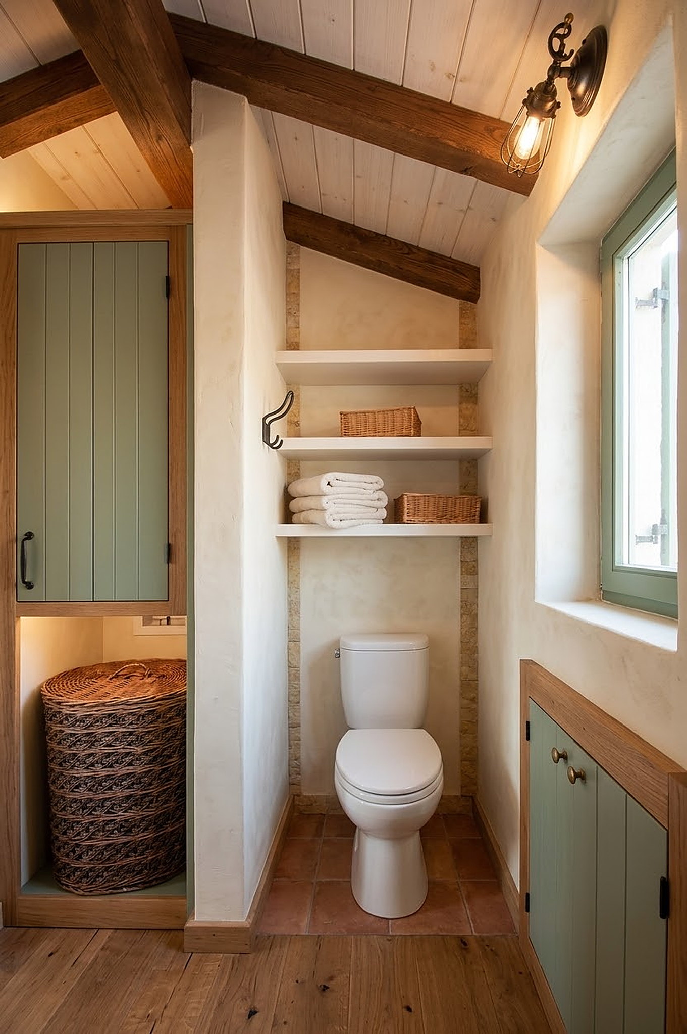 The bathroom in Residence 21ft, recessed shelves, terracotta floor and a small window