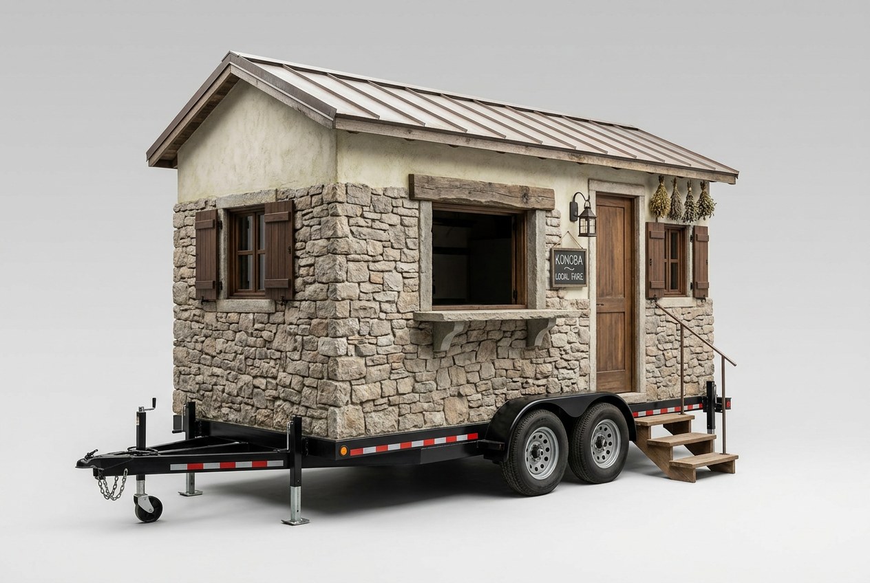 A stone-clad serving unit lettered konoba, shuttered windows, herbs hung by the door, standing on its own trailer